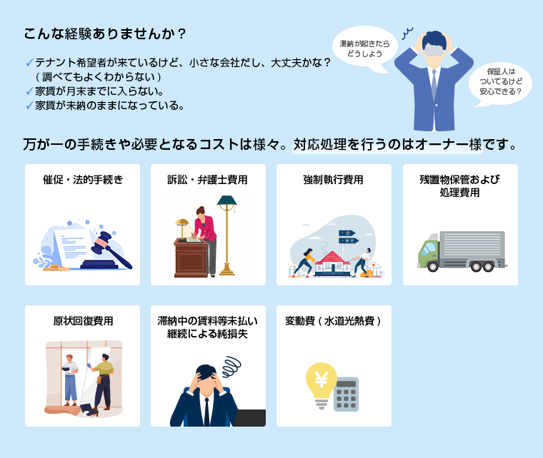 こんな経験ありませんか？✓テナント希望者が来ているけど、小さな会社だし、大丈夫かな？(調べてもよくわからない)✓家賃が月末までに入らない。✓家賃が未納のままになっている。万が一の手続きや必要となるコストは様々。対応処理を行うのはオーナー様です。