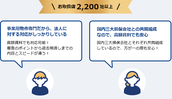 事業用物件専門だから、法人に対する対応がしっかりしている , 国内三大損保会社との共同組成なので、高額賃料でも安心