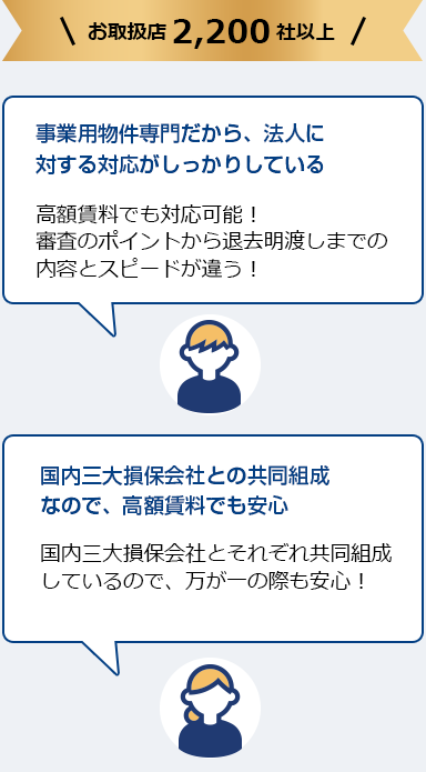 高額賃料でも対応可能！審査のポイントから退去明渡しまでの内容とスピードが違う！ 国内三大損保会社とそれぞれ共同組成しているので、万が一の際も安心！