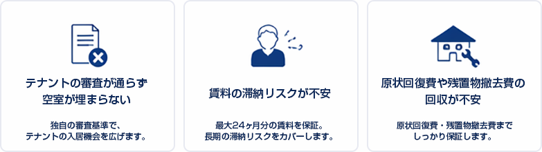 テナントの審査が通らず空室が埋まらない 賃料の滞納リスクが不安 原状回復費や残置物撤去費の回収が不安