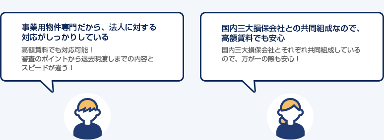 事業用物件専門だから、法人に対する対応がしっかりしている , 国内三大損保会社との共同組成なので、高額賃料でも安心