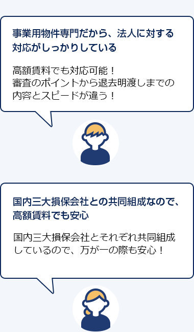 高額賃料でも対応可能！審査のポイントから退去明渡しまでの内容とスピードが違う！ 国内三大損保会社とそれぞれ共同組成しているので、万が一の際も安心！